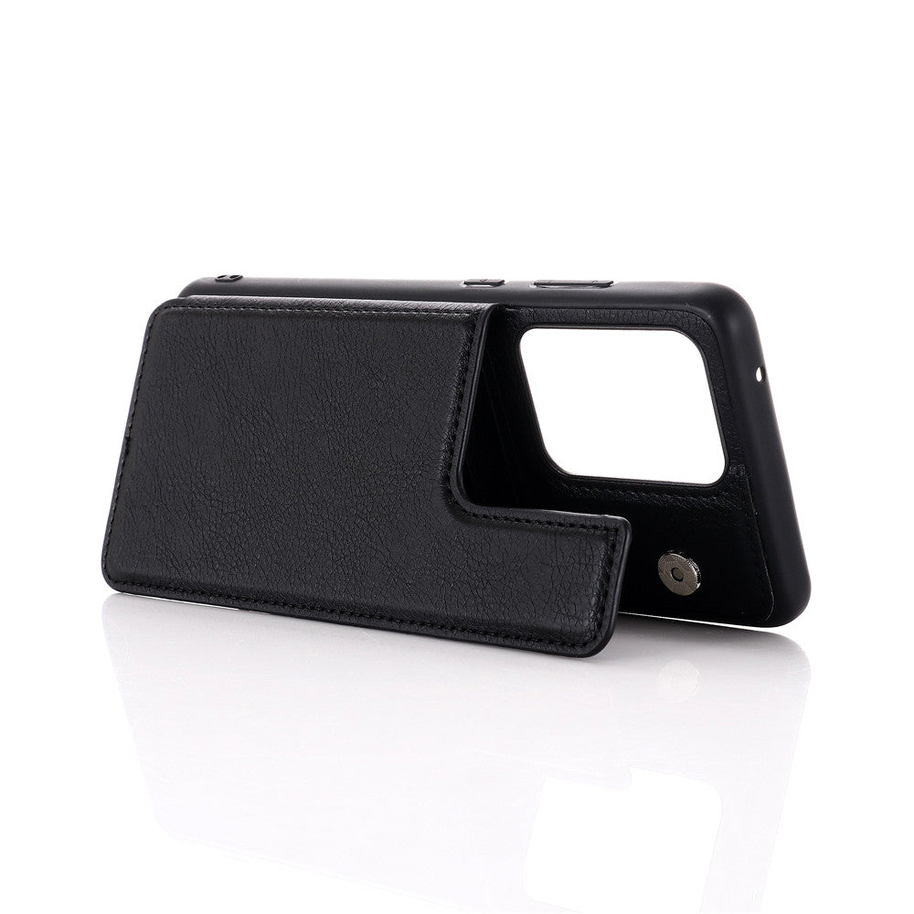 Leather Coated PC + TPU Combo Card Holder Shell with Kickstand for Samsung Galaxy S20 Ultra - Black