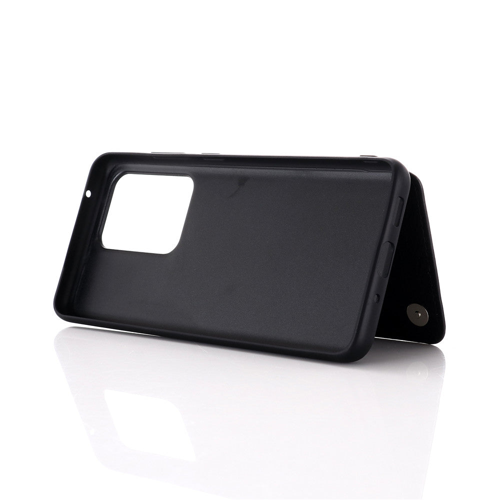 Leather Coated PC + TPU Combo Card Holder Shell with Kickstand for Samsung Galaxy S20 Ultra - Black