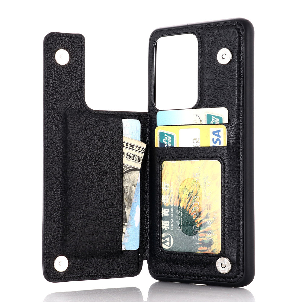 Leather Coated PC + TPU Combo Card Holder Shell with Kickstand for Samsung Galaxy S20 Ultra - Black