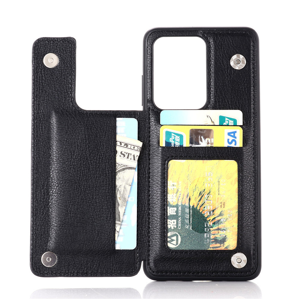 Leather Coated PC + TPU Combo Card Holder Shell with Kickstand for Samsung Galaxy S20 Ultra - Black