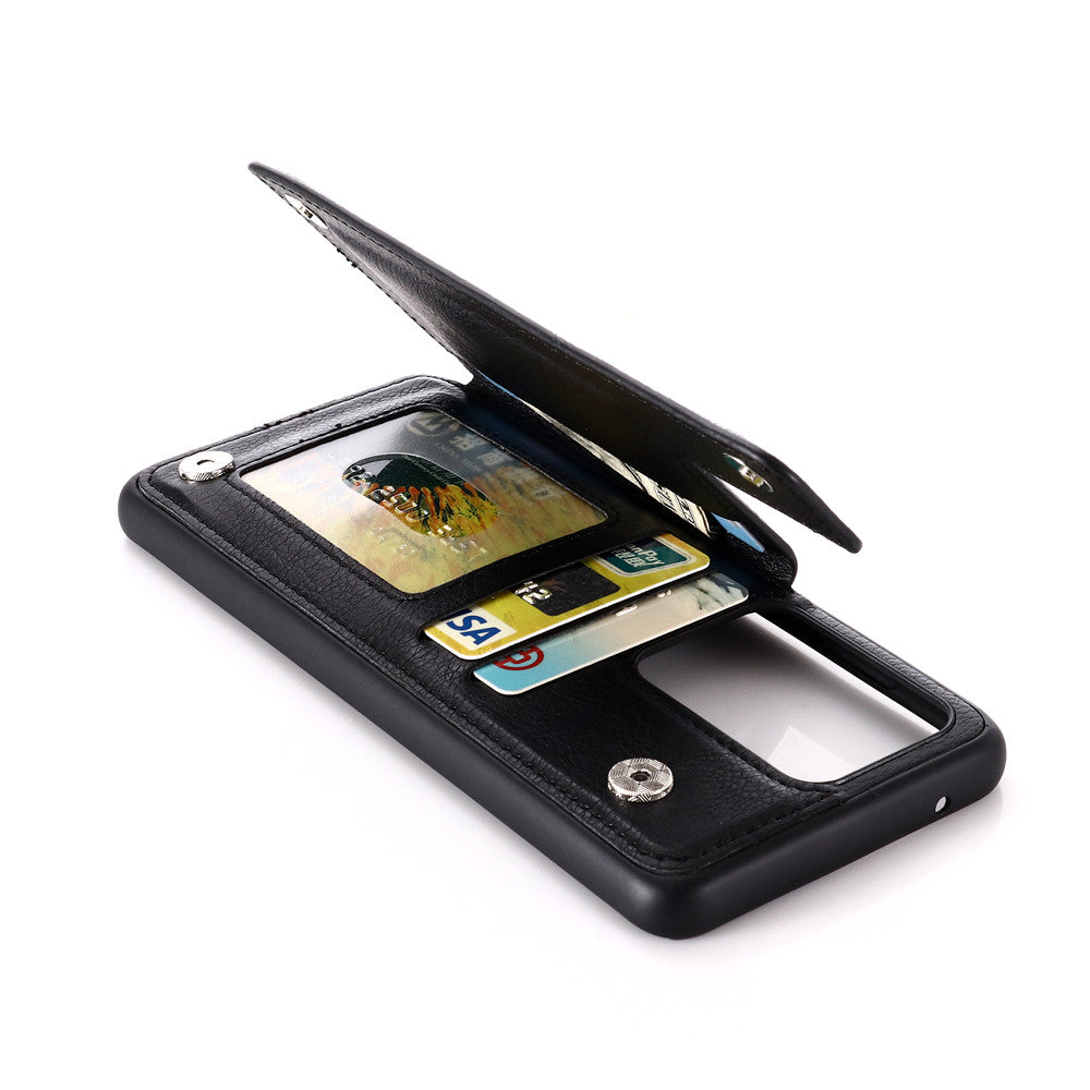 Leather Coated PC + TPU Combo Card Holder Shell with Kickstand for Samsung Galaxy S20 Ultra - Black