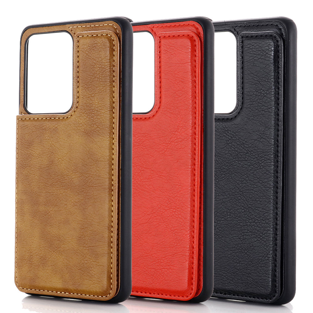 Leather Coated PC + TPU Combo Card Holder Shell with Kickstand for Samsung Galaxy S20 Ultra - Black