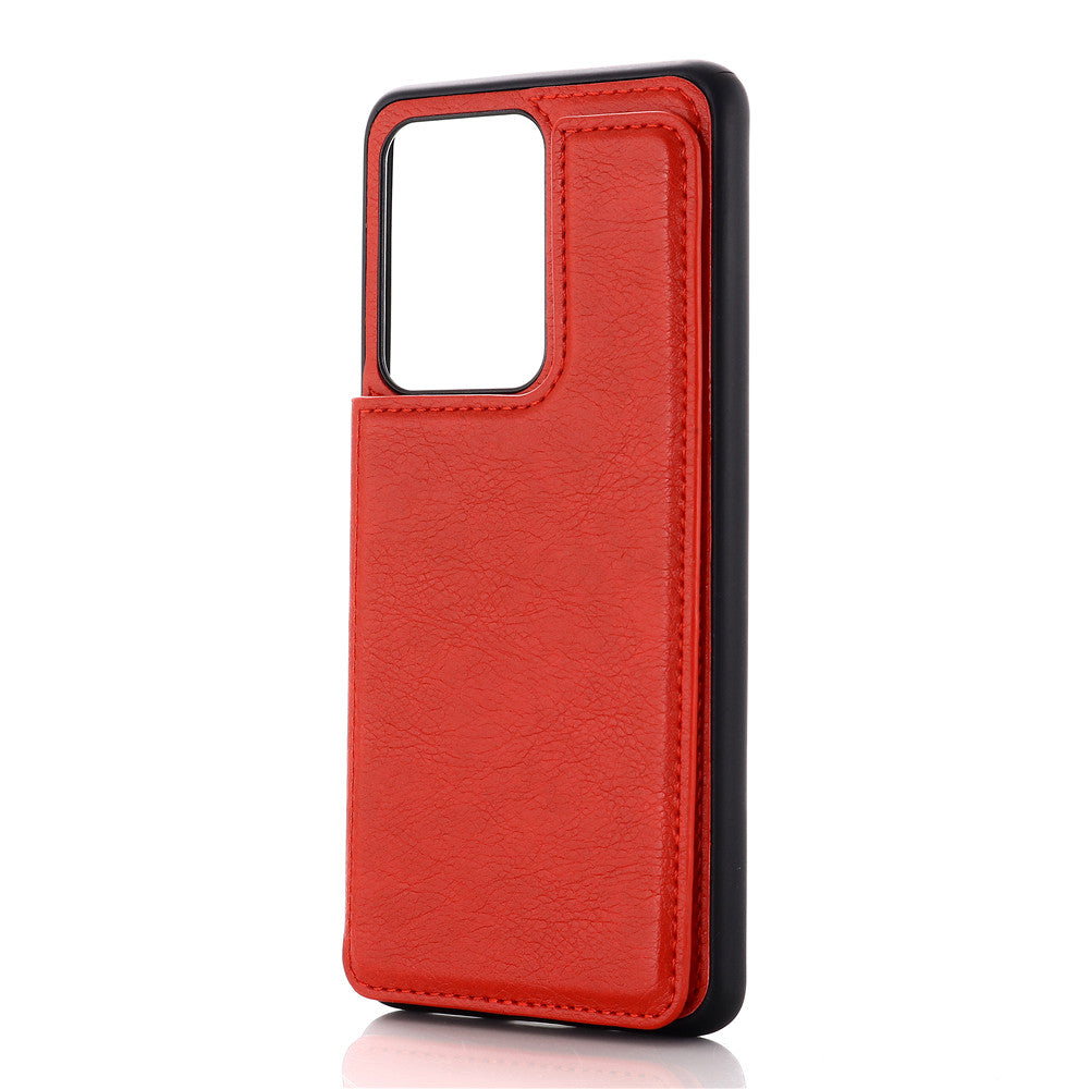 Leather Coated PC + TPU Combo Card Holder Shell with Kickstand for Samsung Galaxy S20 Ultra - Red