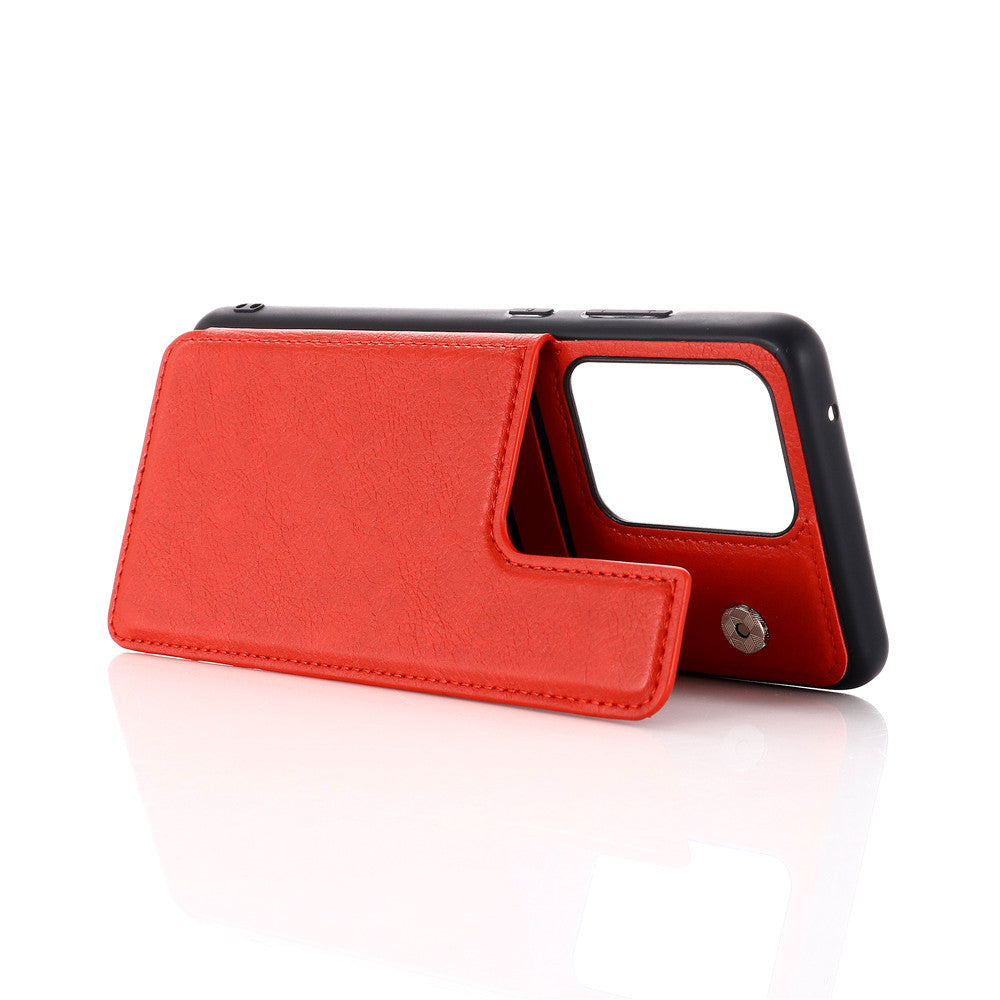 Leather Coated PC + TPU Combo Card Holder Shell with Kickstand for Samsung Galaxy S20 Ultra - Red