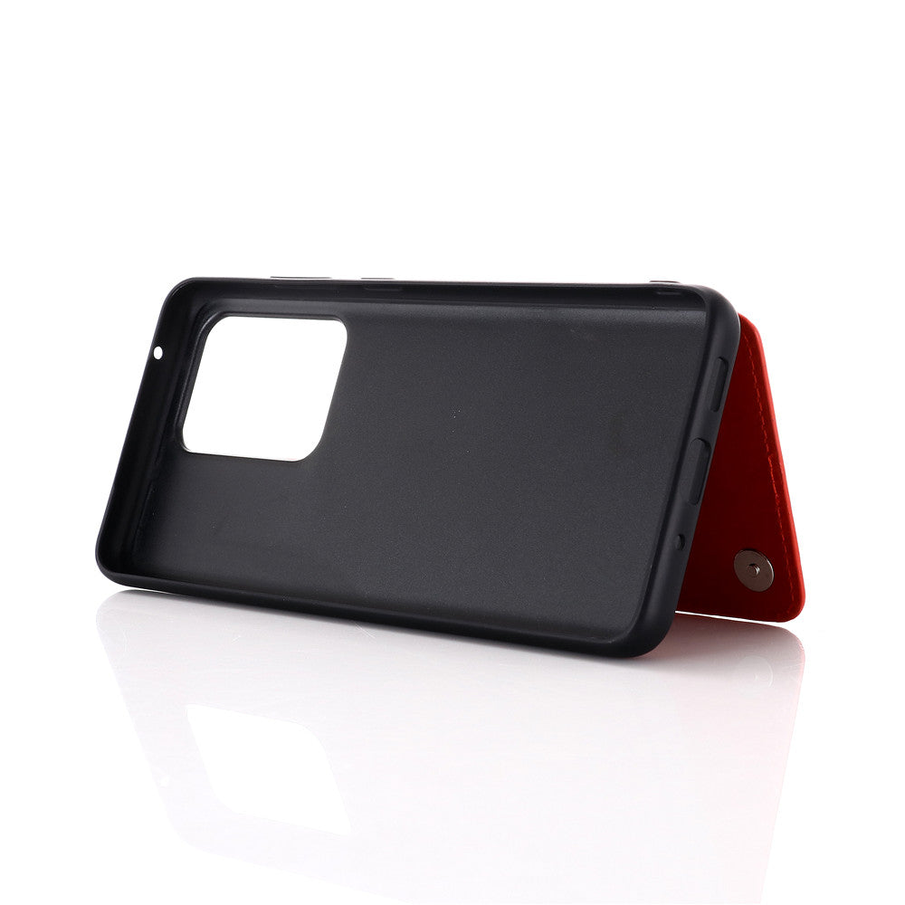 Leather Coated PC + TPU Combo Card Holder Shell with Kickstand for Samsung Galaxy S20 Ultra - Red