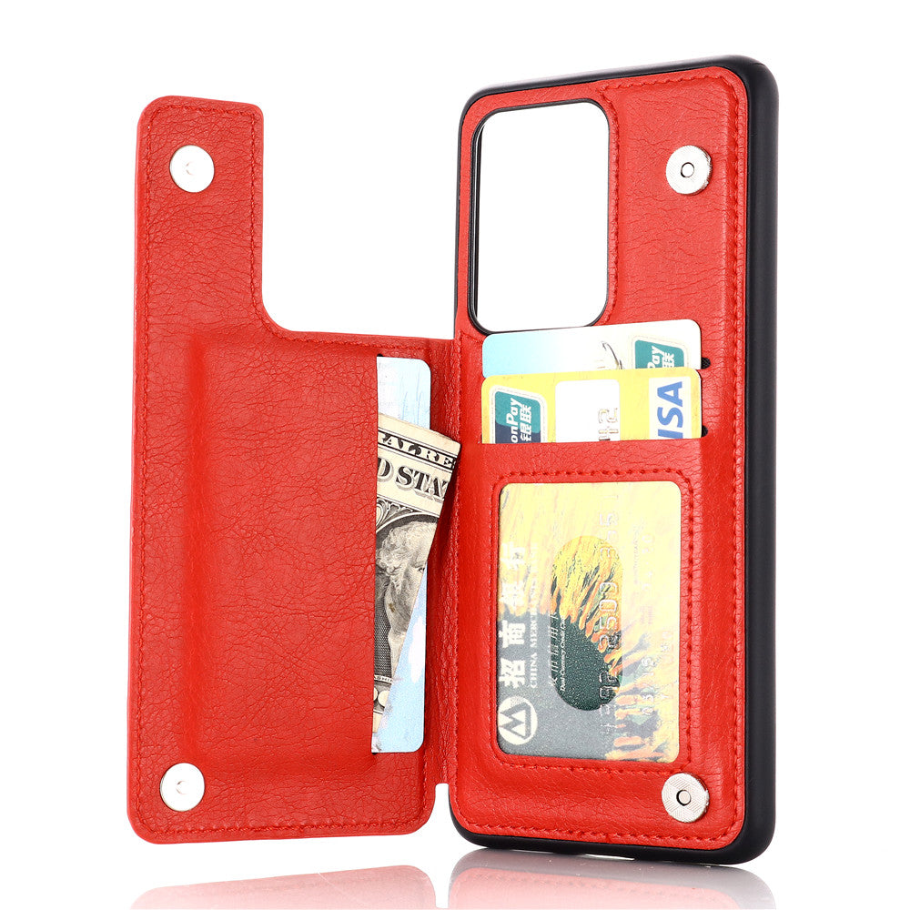 Leather Coated PC + TPU Combo Card Holder Shell with Kickstand for Samsung Galaxy S20 Ultra - Red