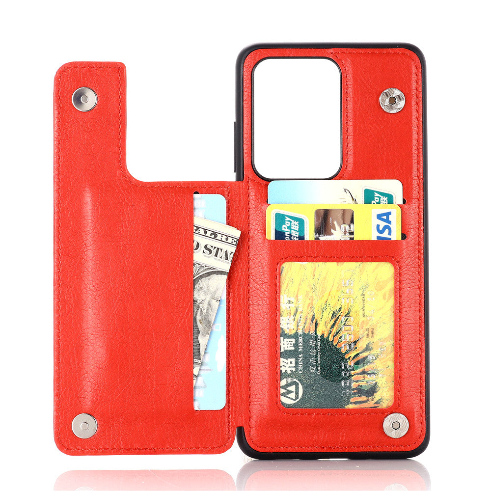 Leather Coated PC + TPU Combo Card Holder Shell with Kickstand for Samsung Galaxy S20 Ultra - Red