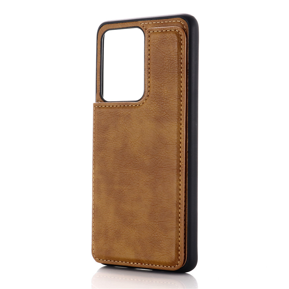 Leather Coated PC + TPU Combo Card Holder Shell with Kickstand for Samsung Galaxy S20 Ultra - Brown