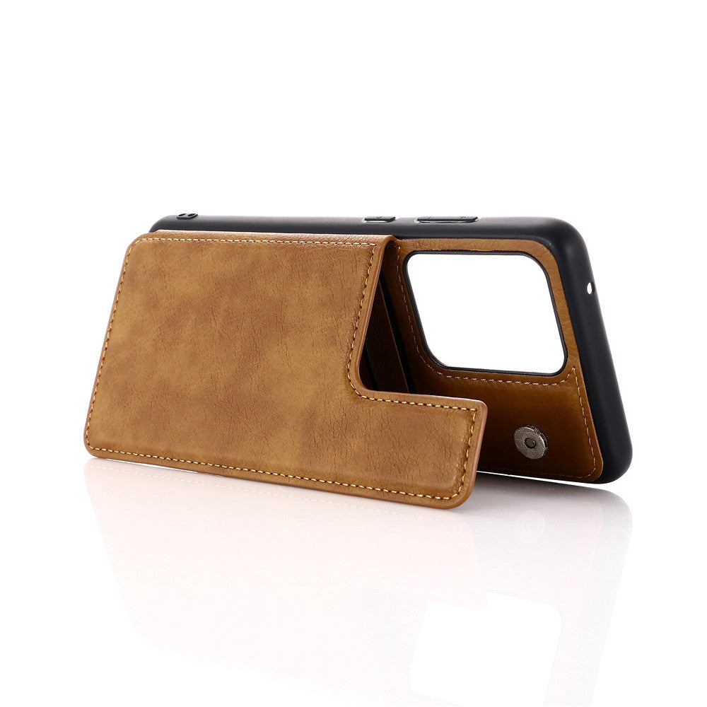 Leather Coated PC + TPU Combo Card Holder Shell with Kickstand for Samsung Galaxy S20 Ultra - Brown