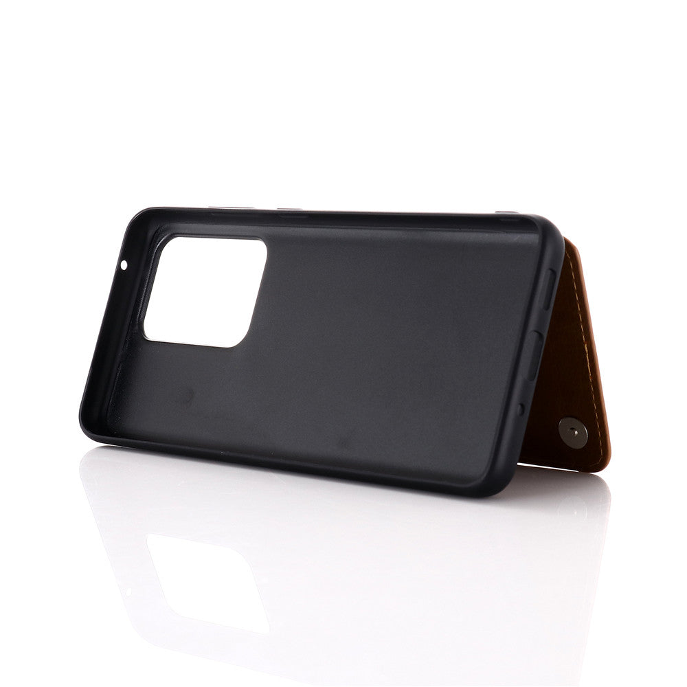 Leather Coated PC + TPU Combo Card Holder Shell with Kickstand for Samsung Galaxy S20 Ultra - Brown