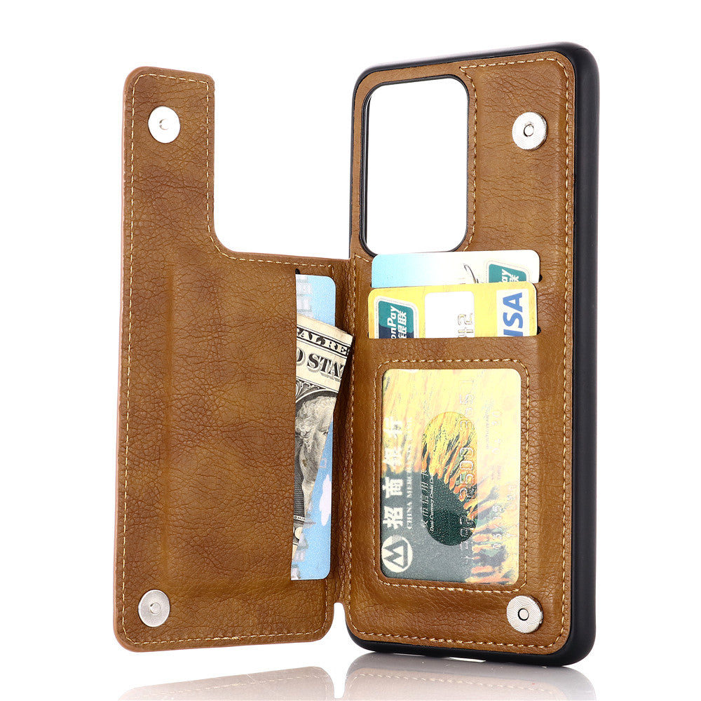 Leather Coated PC + TPU Combo Card Holder Shell with Kickstand for Samsung Galaxy S20 Ultra - Brown