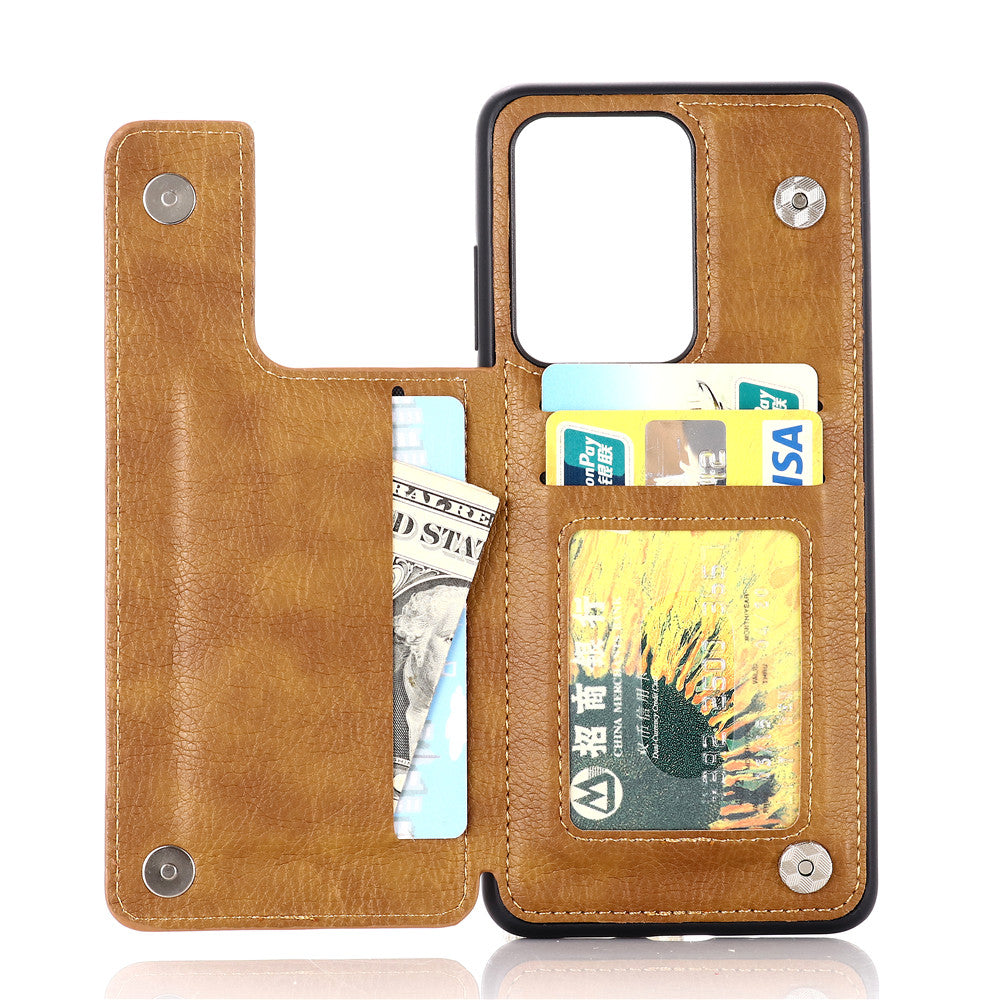 Leather Coated PC + TPU Combo Card Holder Shell with Kickstand for Samsung Galaxy S20 Ultra - Brown