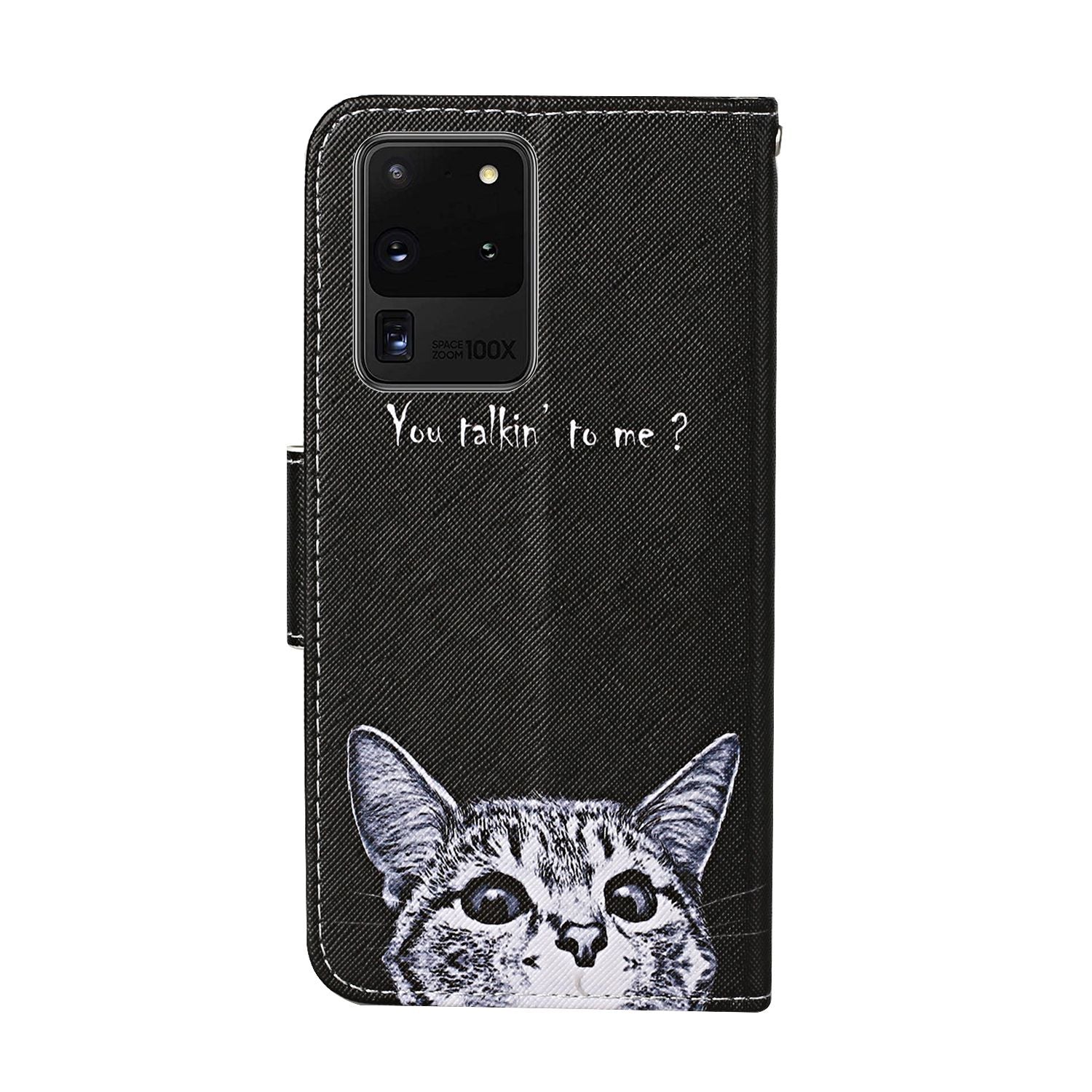 Leather Stand Cover Wallet Pattern Printing Phone Case for Samsung Galaxy S20 Ultra - Cat and Letters