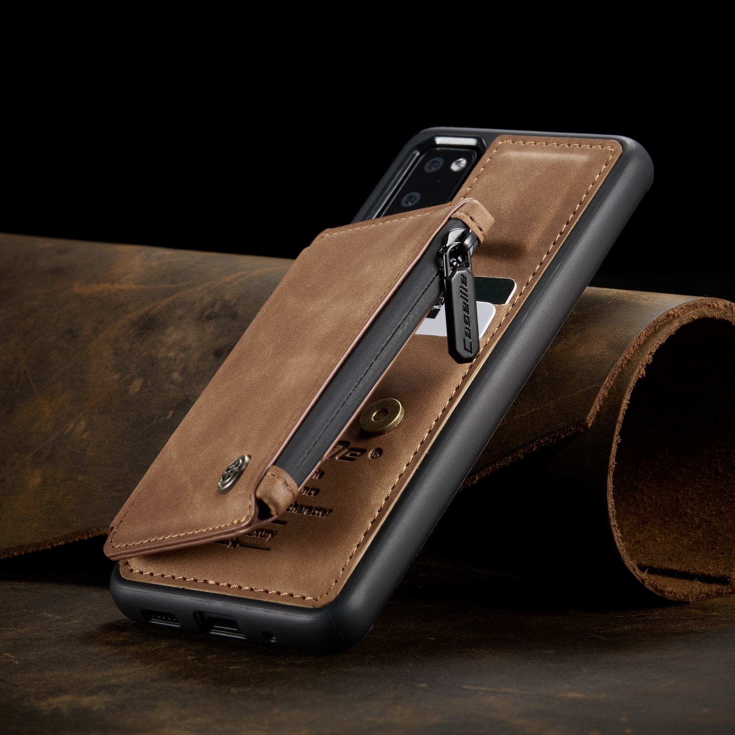 CASEME C20 Zipper Pocket Card Slots PU Leather Coated TPU Protective Case for Samsung Galaxy S20 4G/S20 5G - Brown