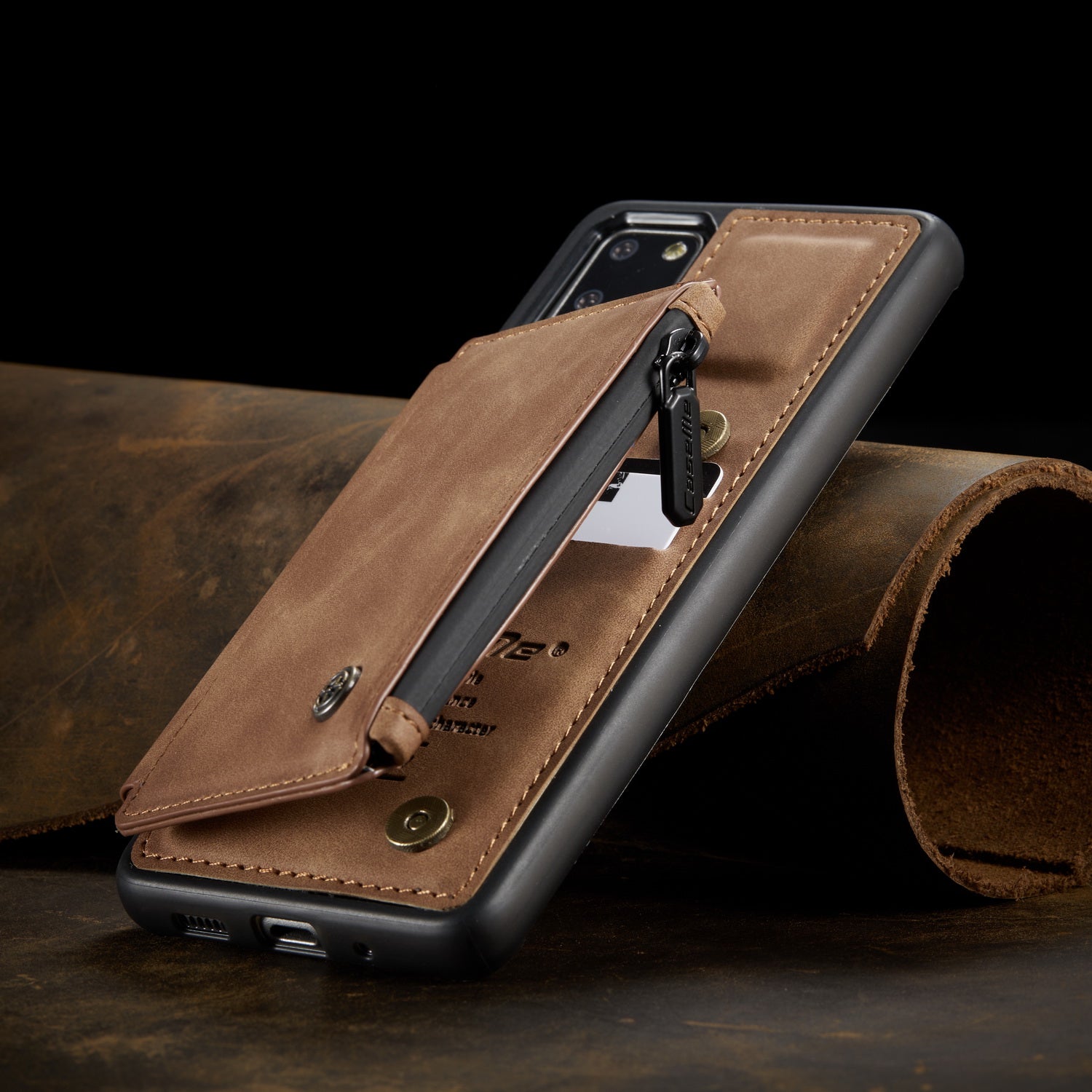 CASEME C20 Zipper Pocket Card Slots PU Leather Coated TPU Phone Cover for Samsung Galaxy S20 Plus - Brown