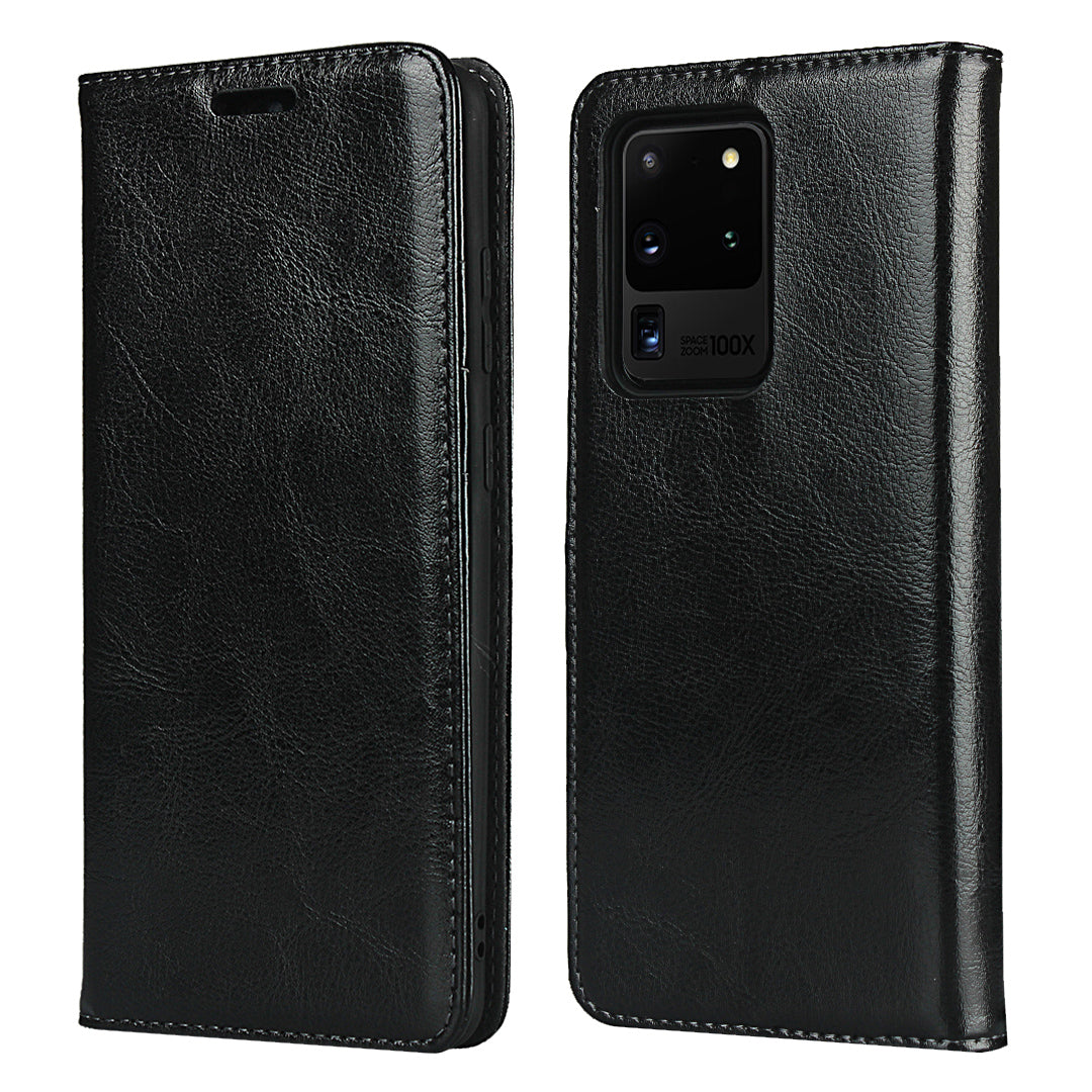 Crazy Horse Genuine Leather Wallet Case for Samsung Galaxy S20 Ultra - Black