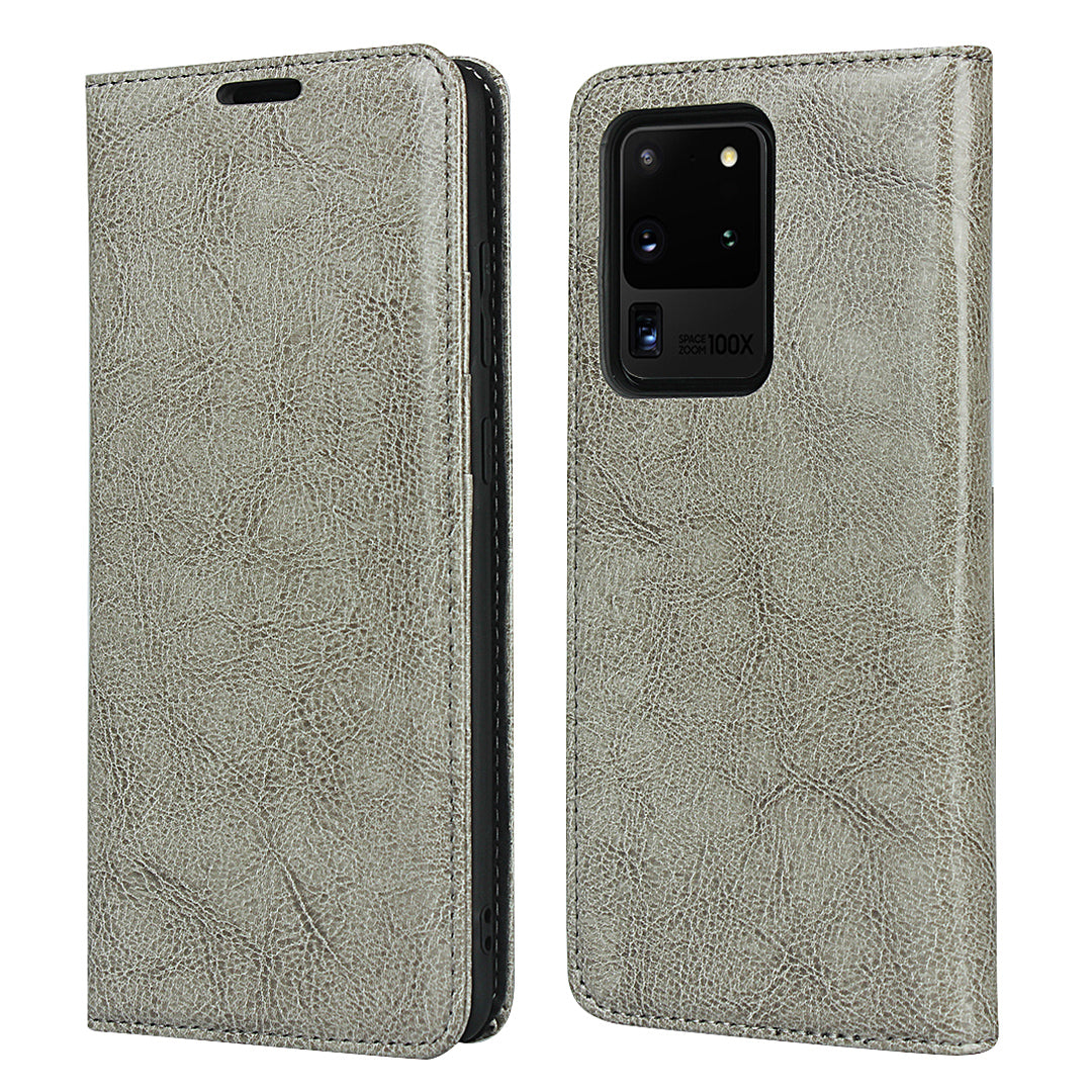 Crazy Horse Genuine Leather Wallet Case for Samsung Galaxy S20 Ultra - Grey