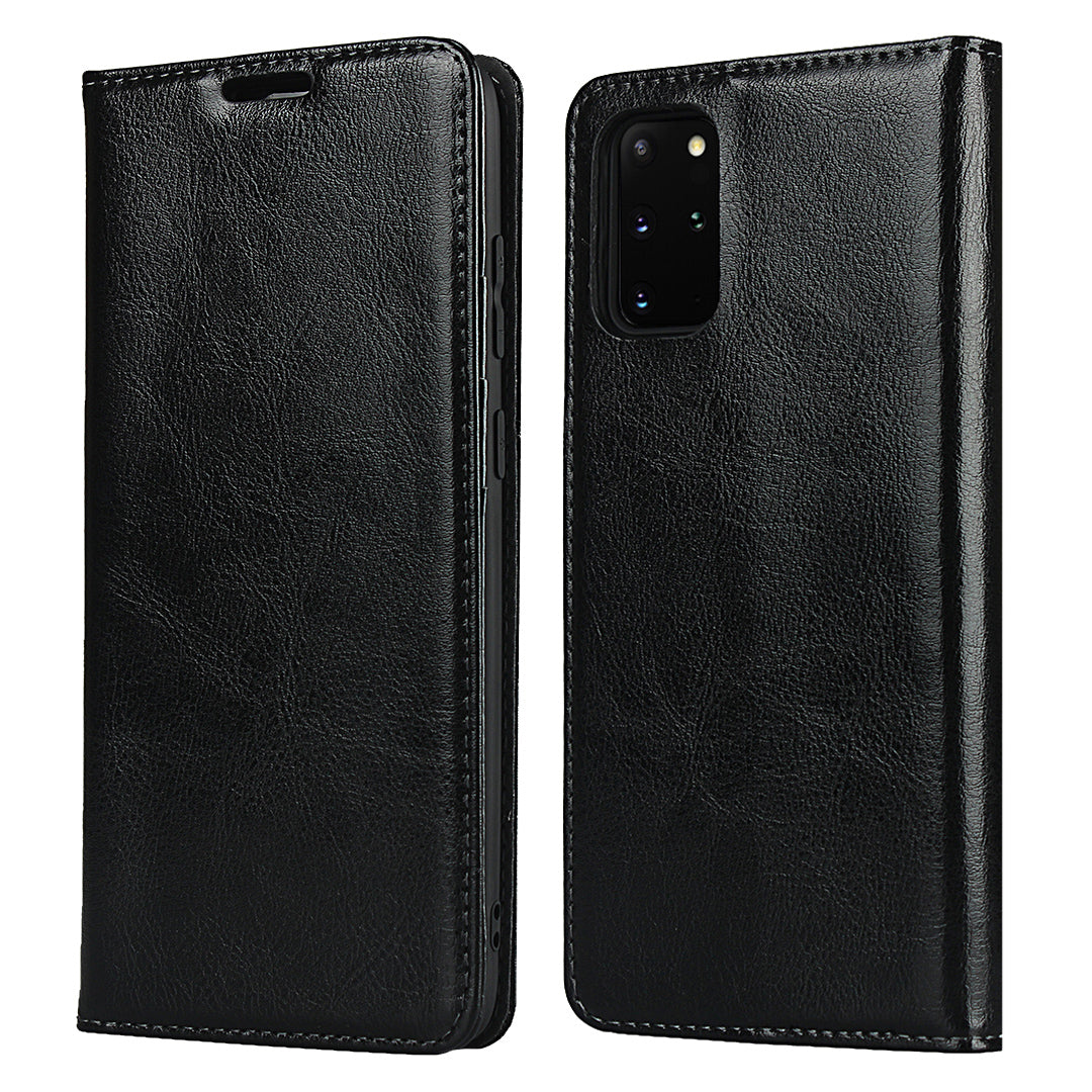 Crazy Horse Genuine Leather Wallet Shell Case for Samsung Galaxy S20 Plus/S20 Plus 5G - Black