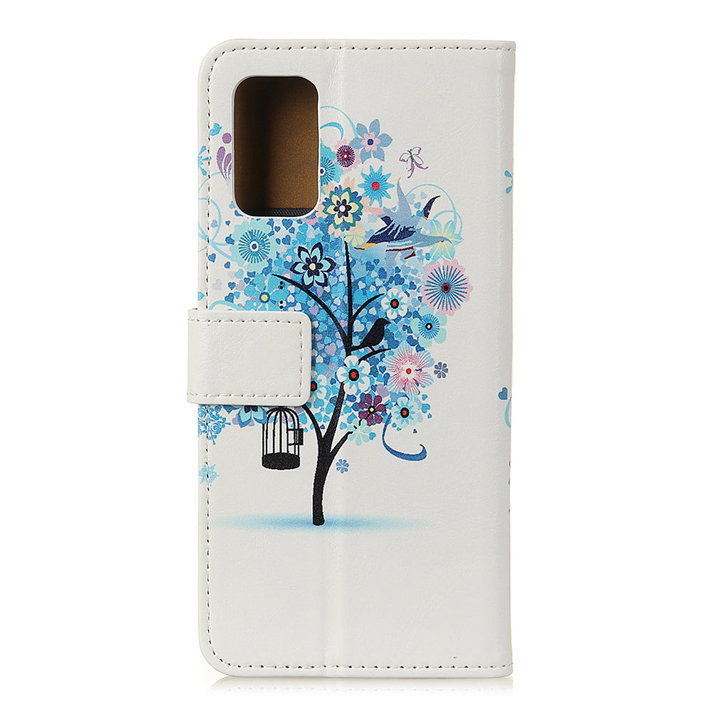 For Samsung Galaxy S20 FE/S20 Fan Edition/S20 FE 5G/S20 Fan Edition 5G/S20 Lite/S20 Lite Phone Case Pattern Printing PU Leather Shockproof Cover with Stand Wallet - Blue Tree with Birdcage