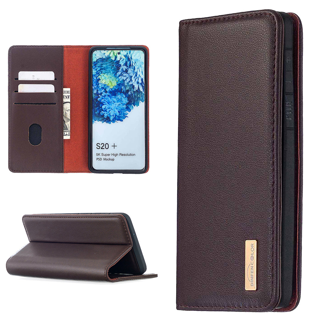 Detachable 2-in-1 Genuine Leather Wallet Stand Case for Samsung Galaxy S20 Plus / S20 Plus 5G - Brown