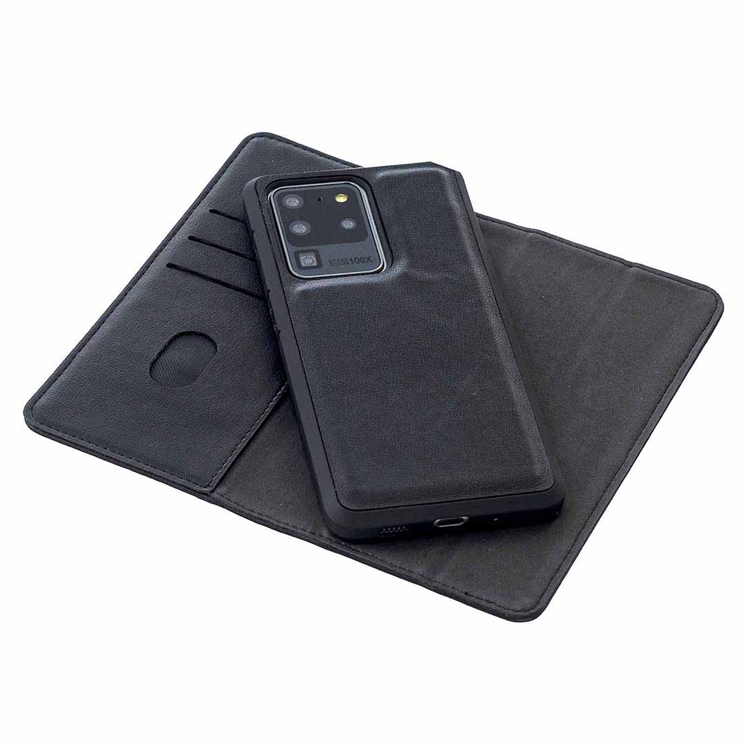 Detachable 2-in-1 Genuine Leather Wallet Stand Case for Samsung Galaxy S20 Ultra - Black