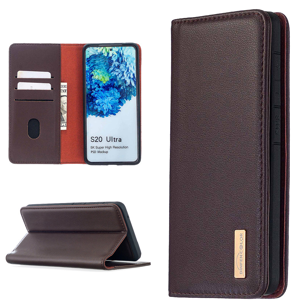 Detachable 2-in-1 Genuine Leather Wallet Stand Case for Samsung Galaxy S20 Ultra - Brown