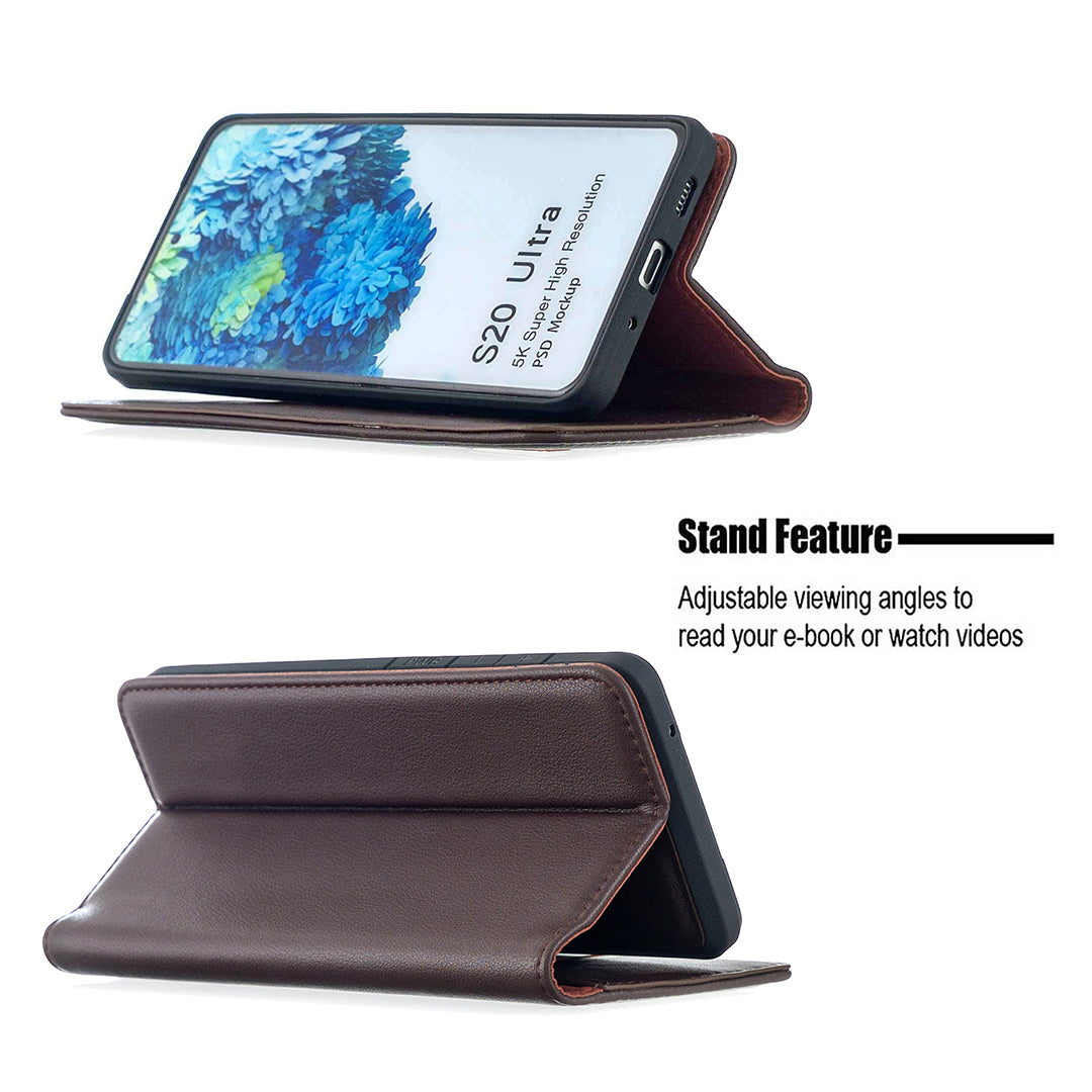 Detachable 2-in-1 Genuine Leather Wallet Stand Case for Samsung Galaxy S20 Ultra - Brown