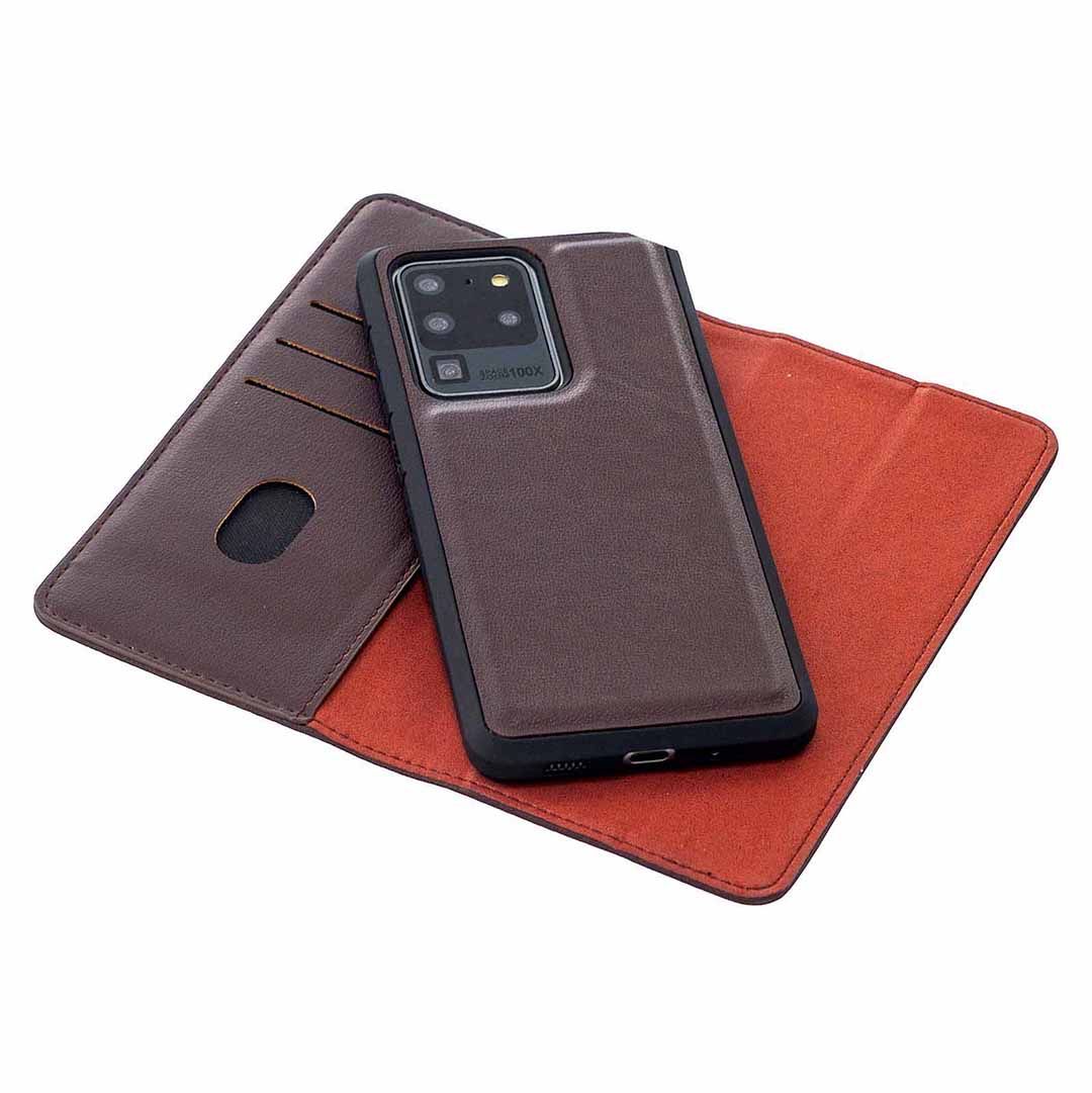 Detachable 2-in-1 Genuine Leather Wallet Stand Case for Samsung Galaxy S20 Ultra - Brown