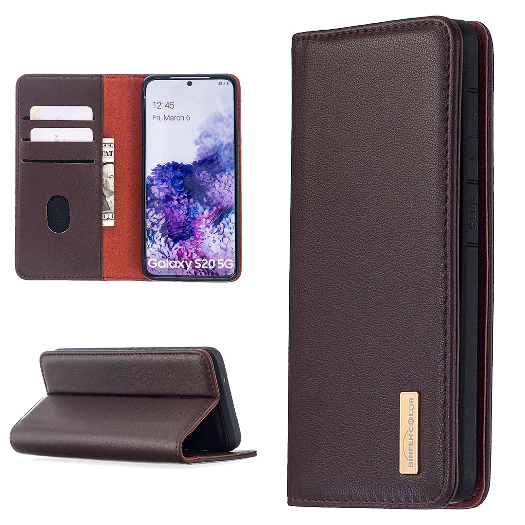 Detachable 2-in-1 Genuine Leather Wallet Stand Case for Samsung Galaxy S20 4G/S20 5G - Brown