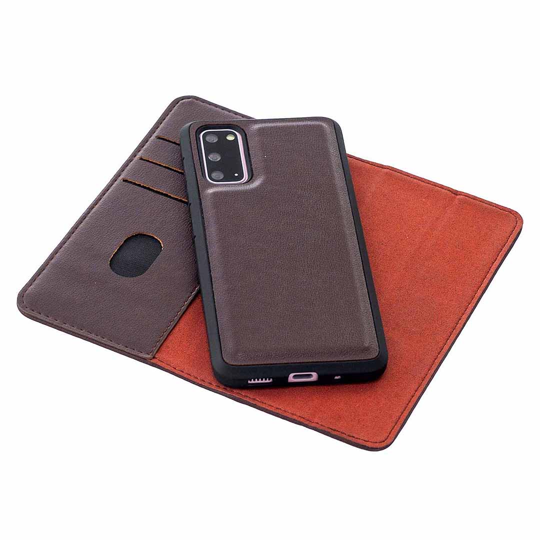 Detachable 2-in-1 Genuine Leather Wallet Stand Case for Samsung Galaxy S20 4G/S20 5G - Brown