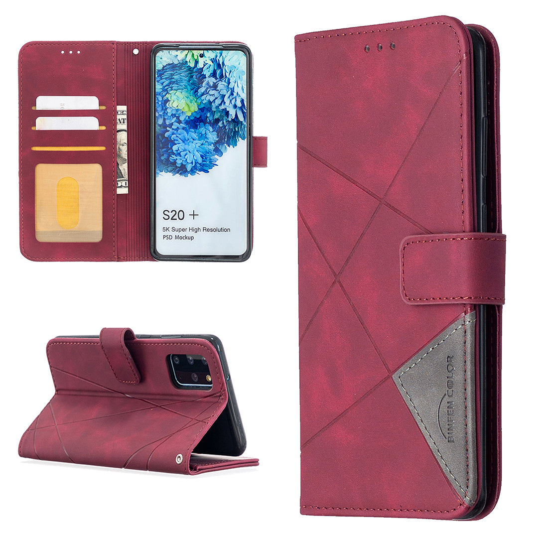 BF05 Style Geometric Texture Leather Cover for Samsung Galaxy S20 Plus - Wine Red