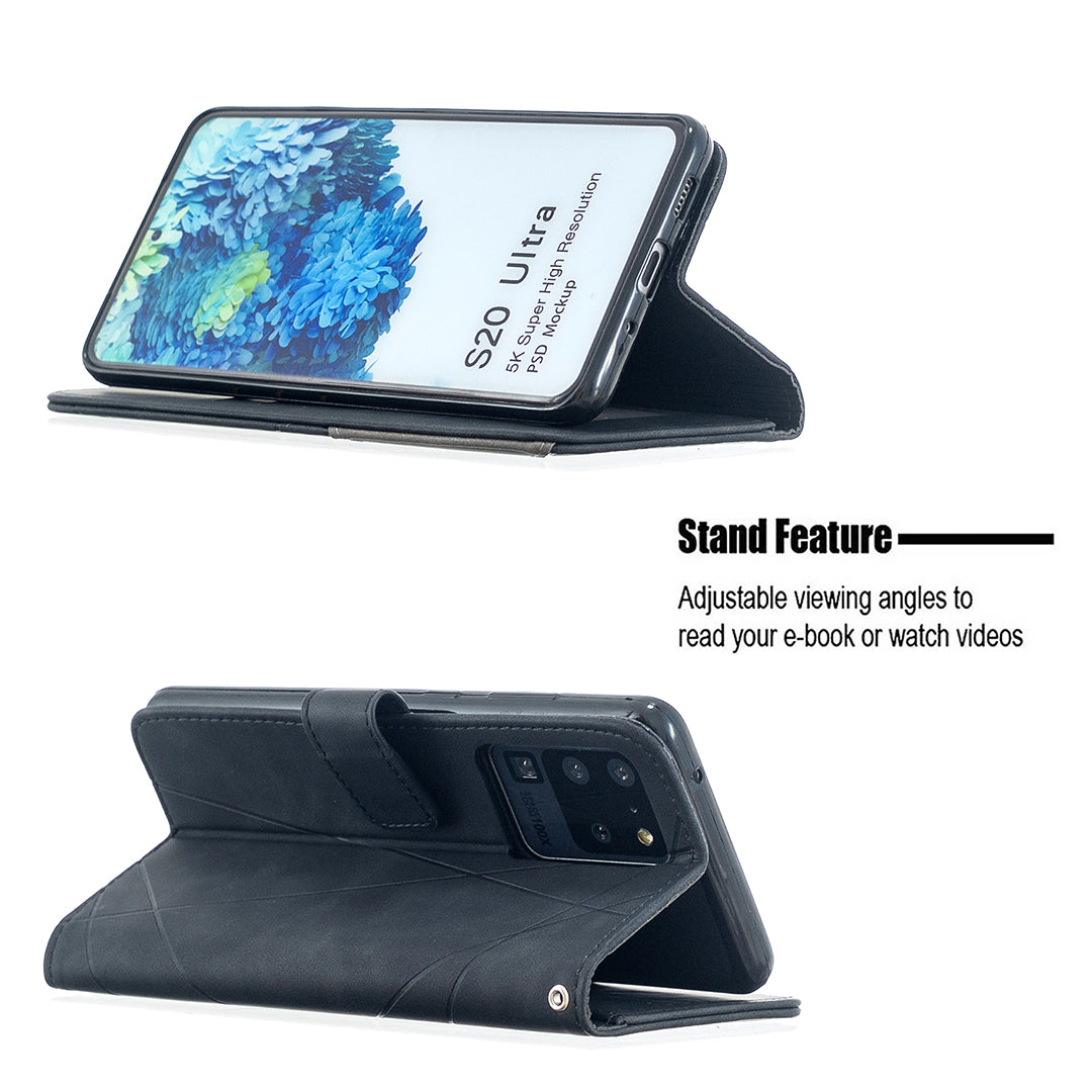 BF05 Leather Case Geometric Texture Wallet Stand Phone Shell for Samsung Galaxy S20 Ultra - Black