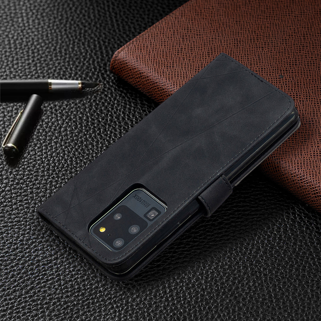 BF05 Leather Case Geometric Texture Wallet Stand Phone Shell for Samsung Galaxy S20 Ultra - Black