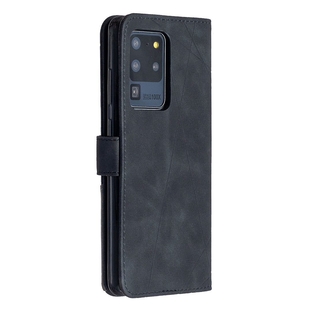 BF05 Leather Case Geometric Texture Wallet Stand Phone Shell for Samsung Galaxy S20 Ultra - Black