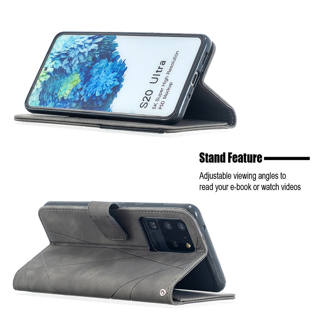 BF05 Leather Case Geometric Texture Wallet Stand Phone Shell for Samsung Galaxy S20 Ultra - Grey