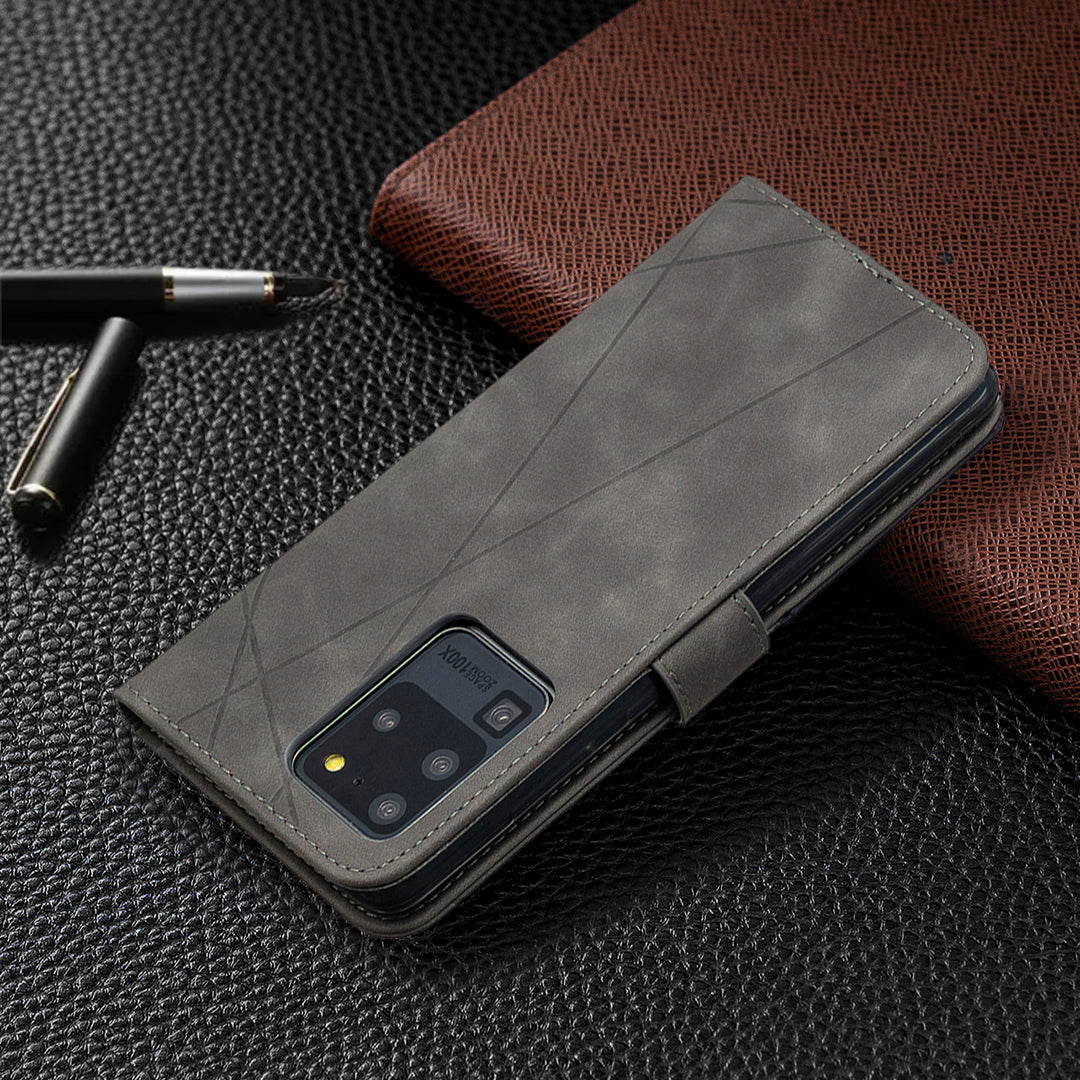 BF05 Leather Case Geometric Texture Wallet Stand Phone Shell for Samsung Galaxy S20 Ultra - Grey