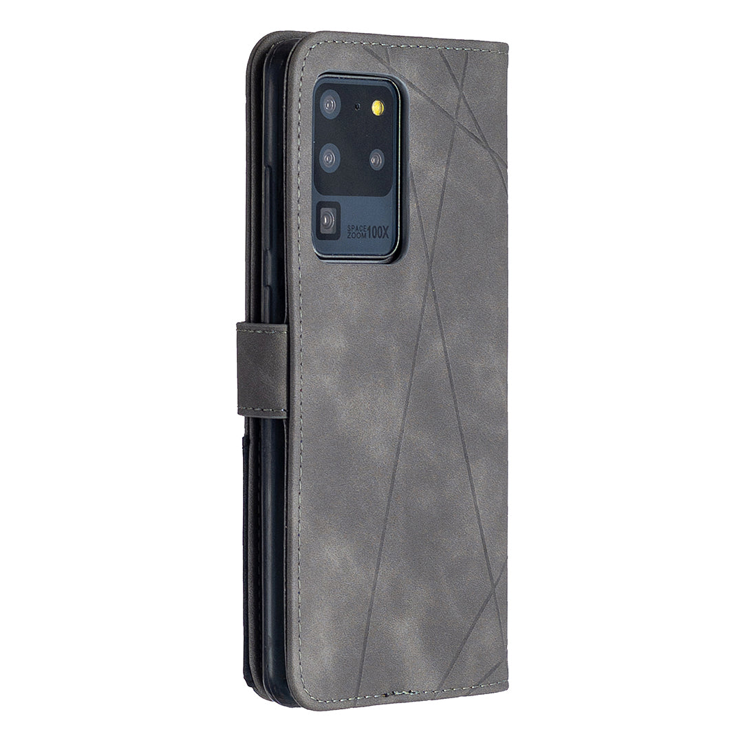 BF05 Leather Case Geometric Texture Wallet Stand Phone Shell for Samsung Galaxy S20 Ultra - Grey