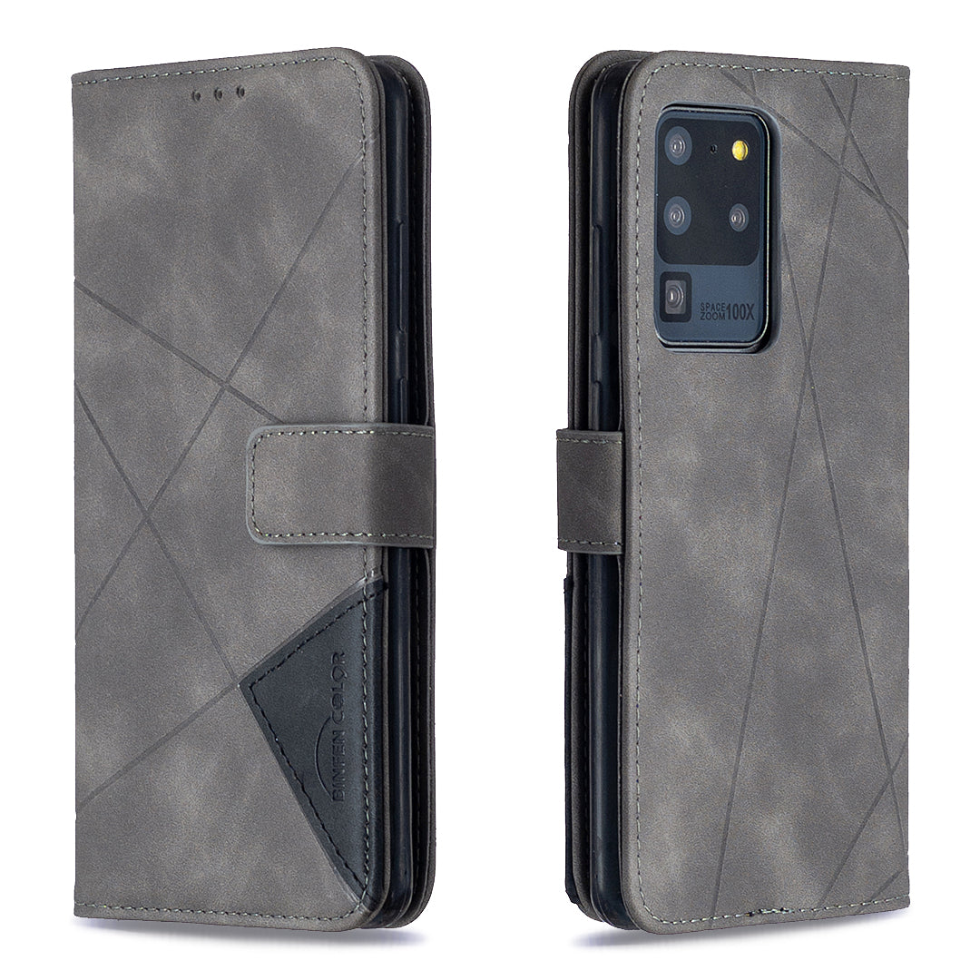 BF05 Leather Case Geometric Texture Wallet Stand Phone Shell for Samsung Galaxy S20 Ultra - Grey