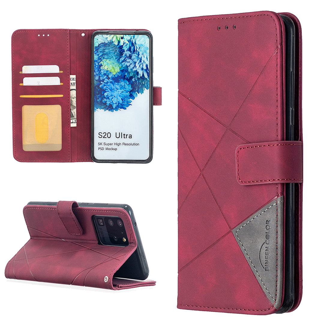 BF05 Leather Case Geometric Texture Wallet Stand Phone Shell for Samsung Galaxy S20 Ultra - Wine Red