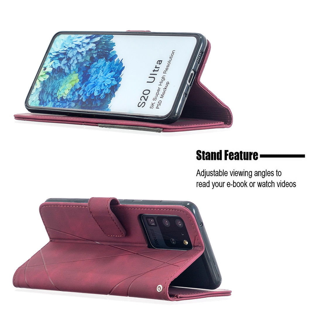 BF05 Leather Case Geometric Texture Wallet Stand Phone Shell for Samsung Galaxy S20 Ultra - Wine Red