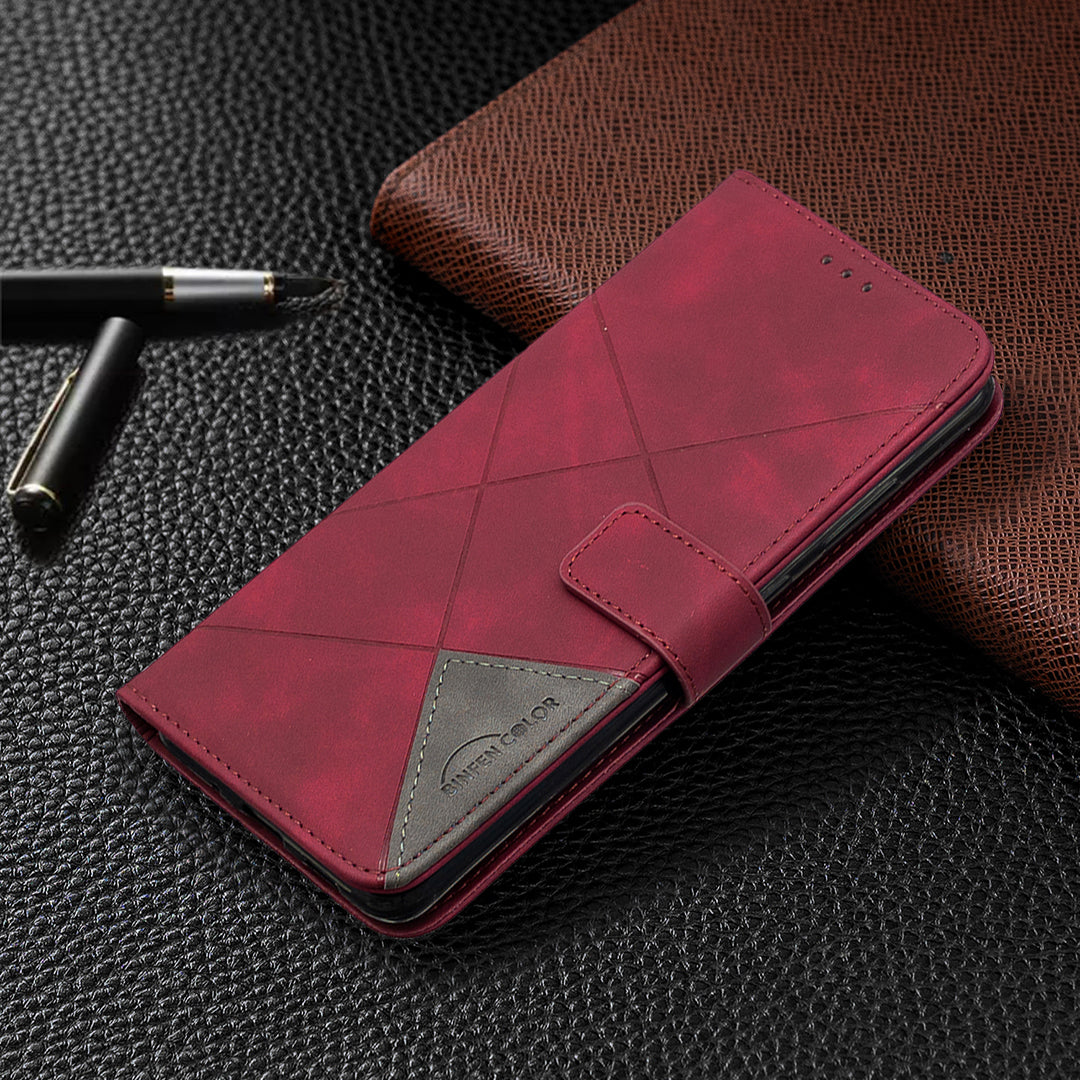 BF05 Leather Case Geometric Texture Wallet Stand Phone Shell for Samsung Galaxy S20 Ultra - Wine Red