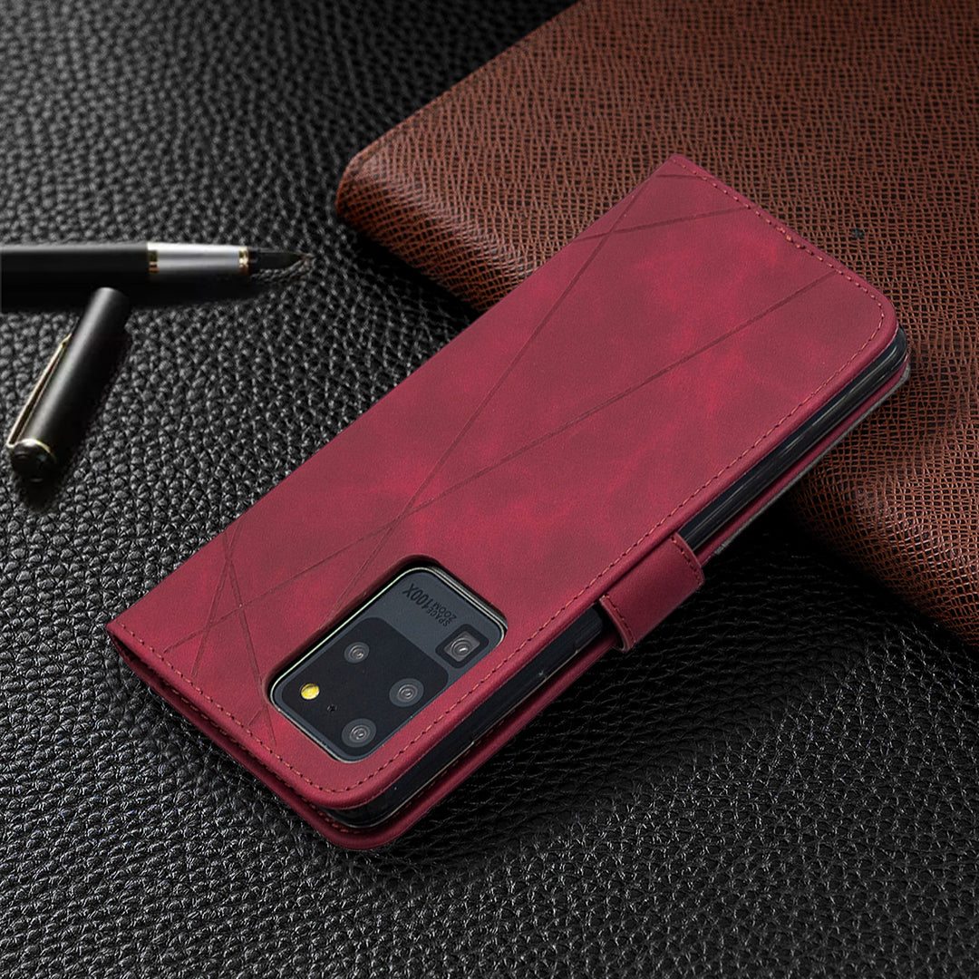 BF05 Leather Case Geometric Texture Wallet Stand Phone Shell for Samsung Galaxy S20 Ultra - Wine Red