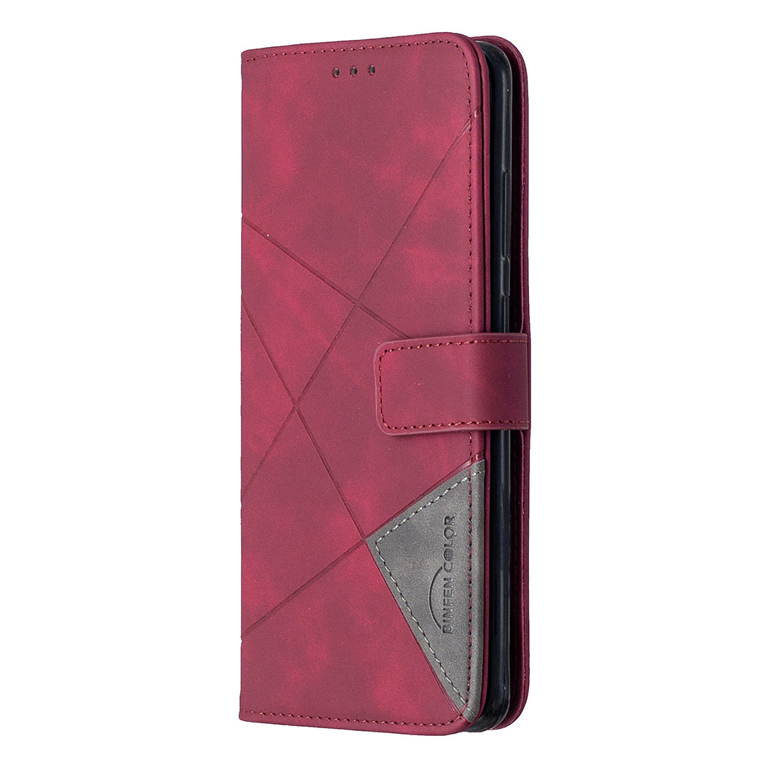 BF05 Leather Case Geometric Texture Wallet Stand Phone Shell for Samsung Galaxy S20 Ultra - Wine Red