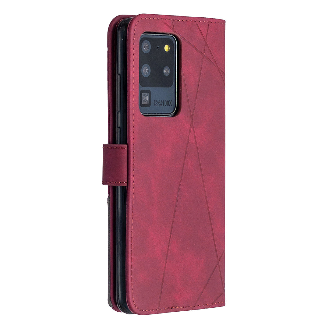 BF05 Leather Case Geometric Texture Wallet Stand Phone Shell for Samsung Galaxy S20 Ultra - Wine Red