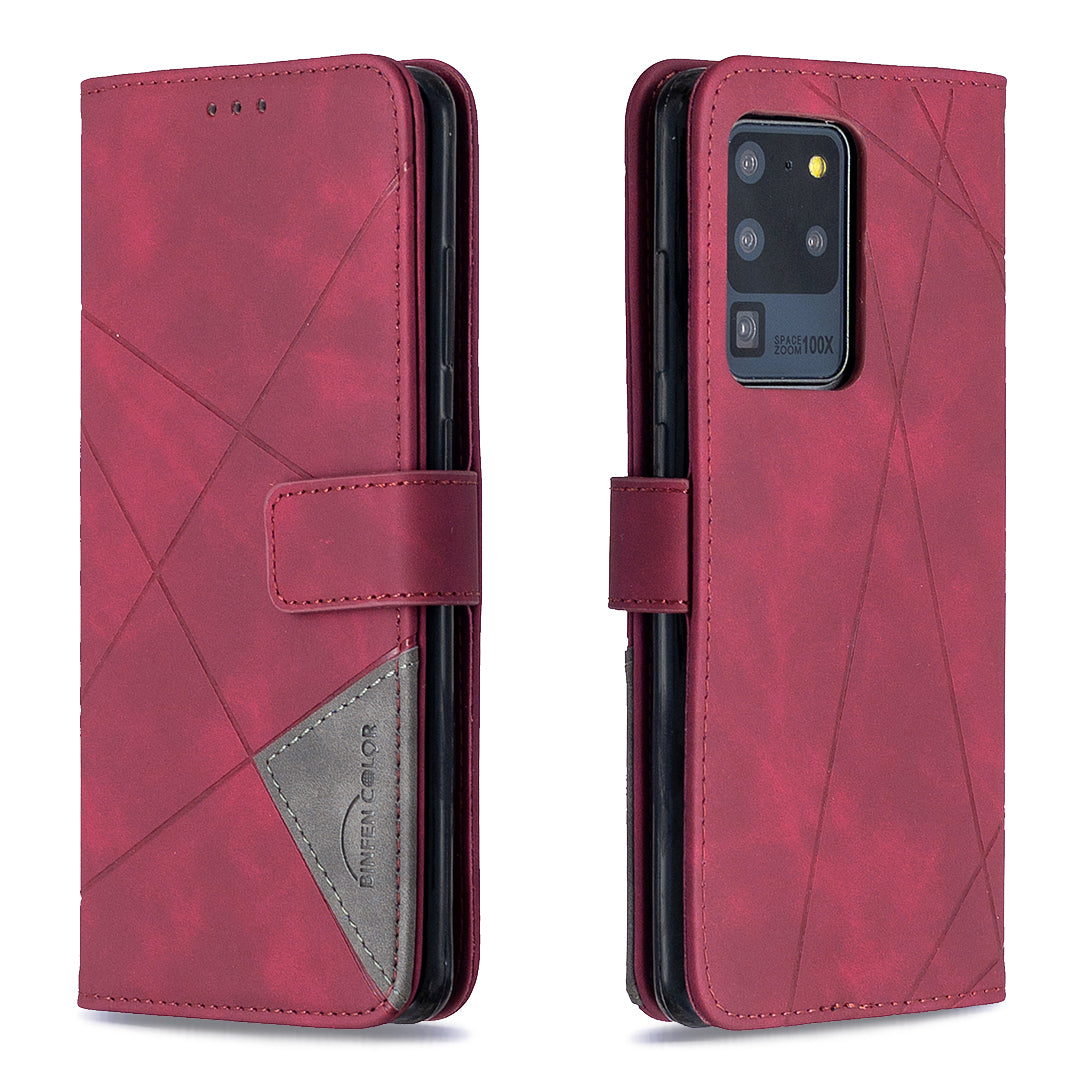 BF05 Leather Case Geometric Texture Wallet Stand Phone Shell for Samsung Galaxy S20 Ultra - Wine Red