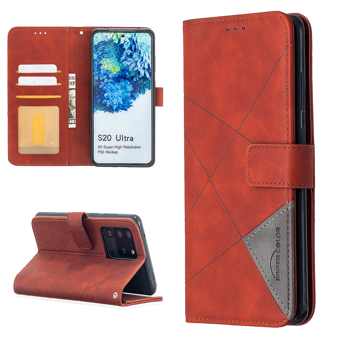 BF05 Leather Case Geometric Texture Wallet Stand Phone Shell for Samsung Galaxy S20 Ultra - Orange