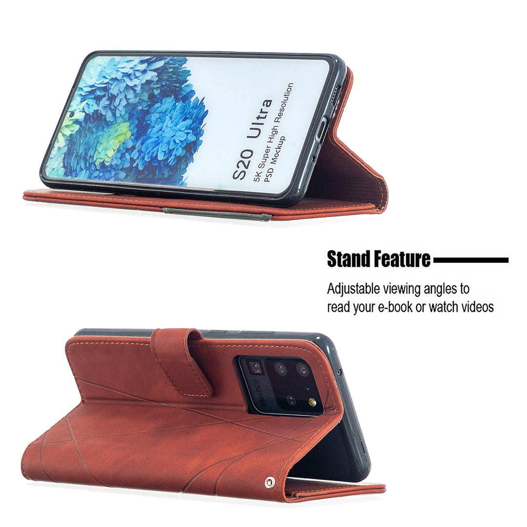 BF05 Leather Case Geometric Texture Wallet Stand Phone Shell for Samsung Galaxy S20 Ultra - Orange