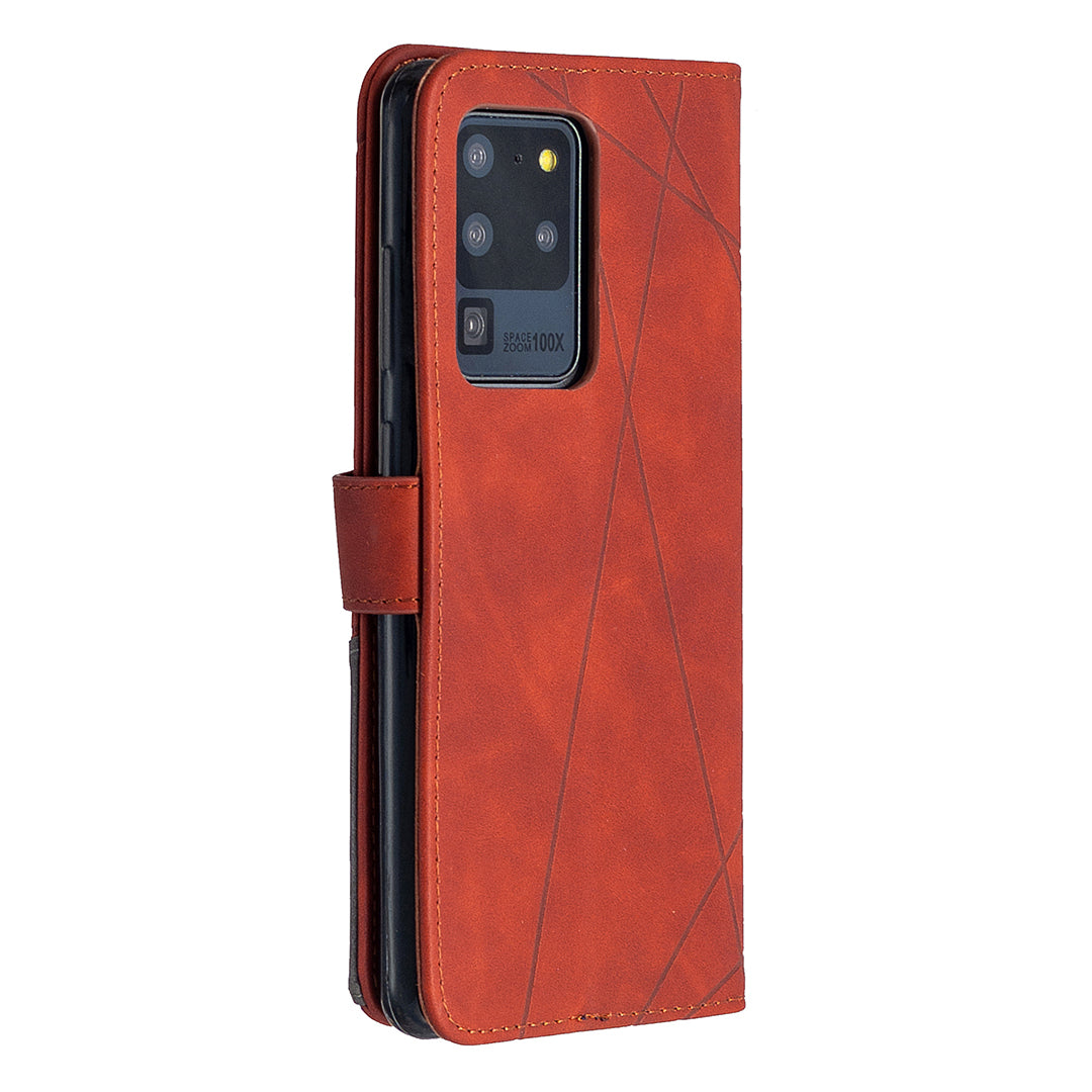 BF05 Leather Case Geometric Texture Wallet Stand Phone Shell for Samsung Galaxy S20 Ultra - Orange