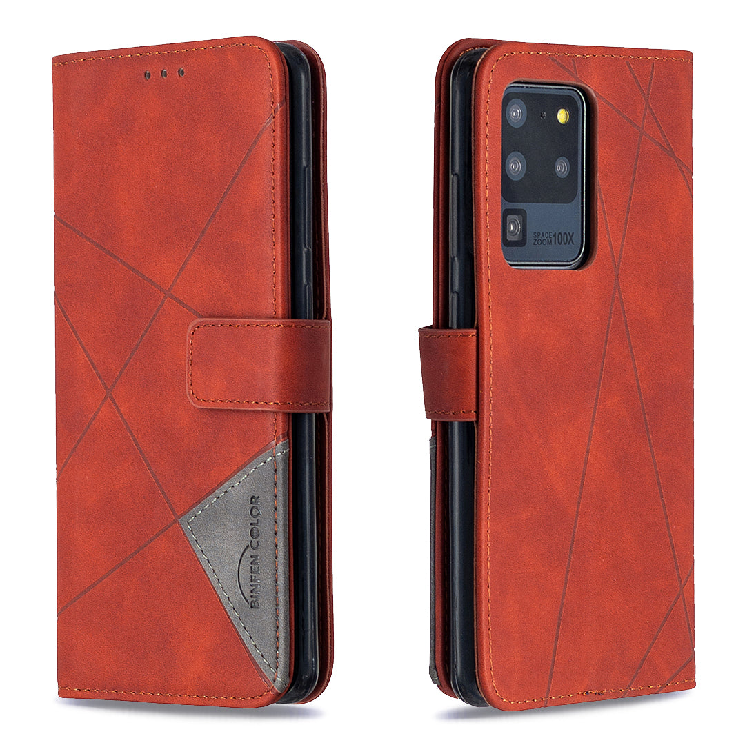 BF05 Leather Case Geometric Texture Wallet Stand Phone Shell for Samsung Galaxy S20 Ultra - Orange