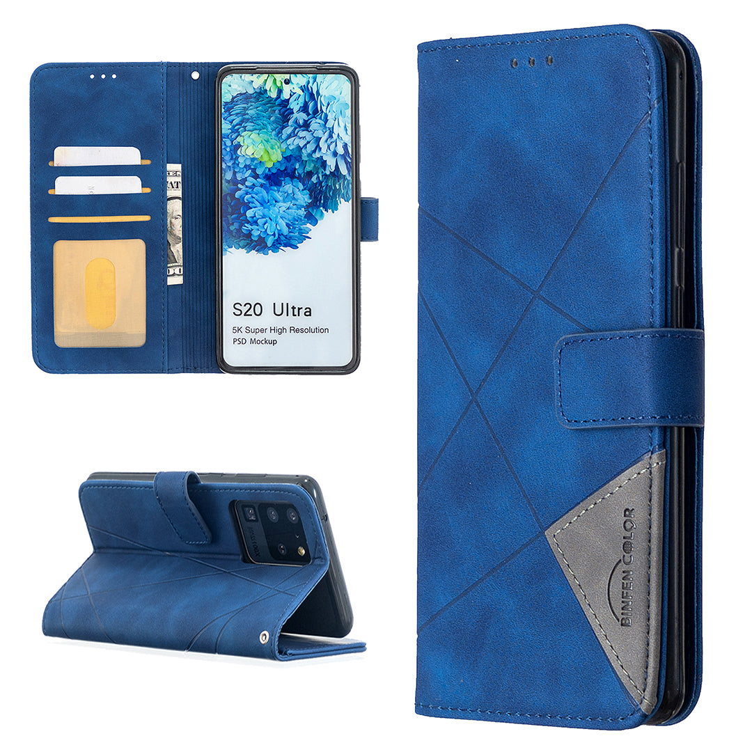 BF05 Leather Case Geometric Texture Wallet Stand Phone Shell for Samsung Galaxy S20 Ultra - Blue